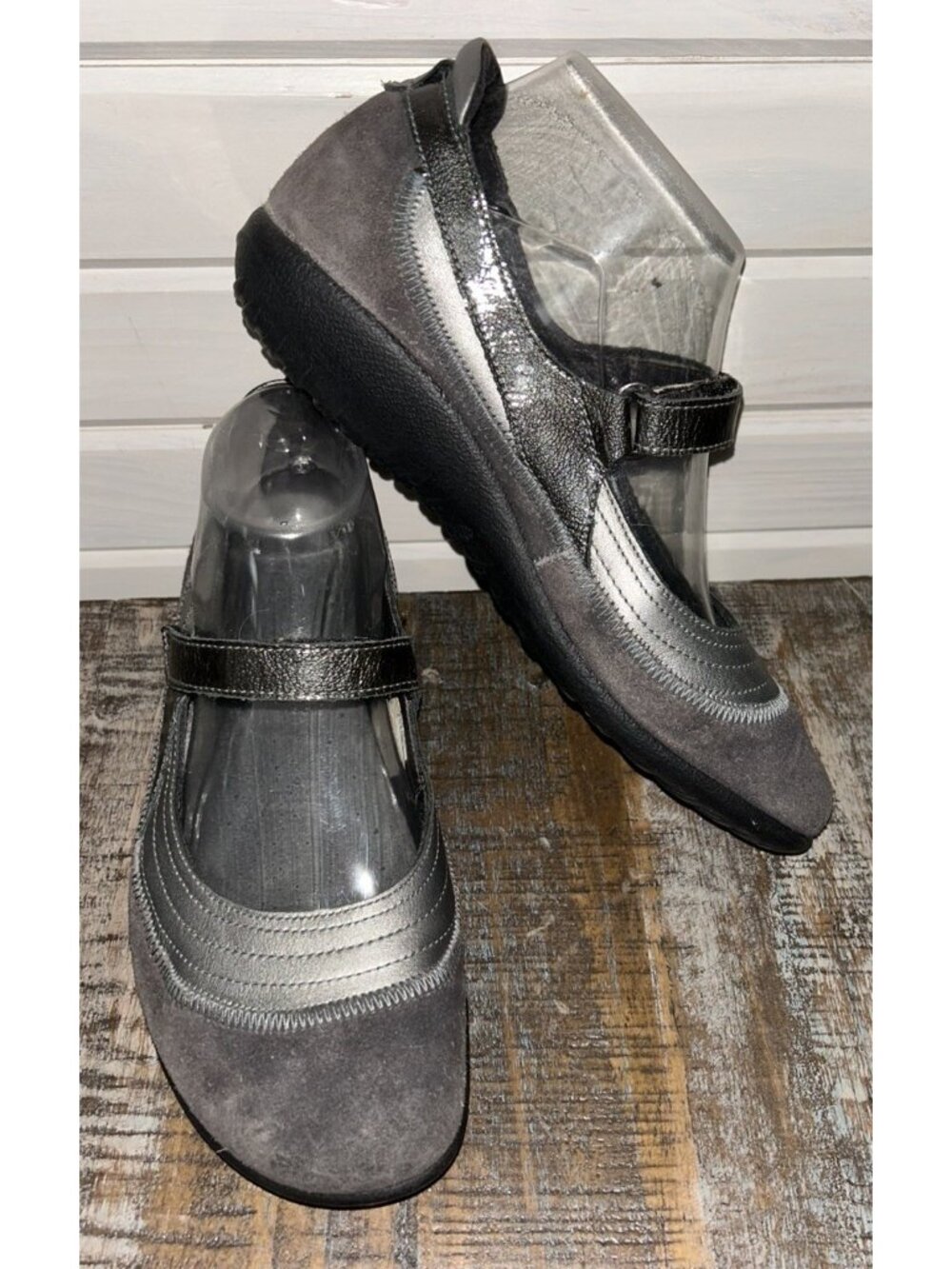 Naot Sz 39 US 8 Gray Black Pewter Kirei Leather Comfort Flats Shoes Mary Janes